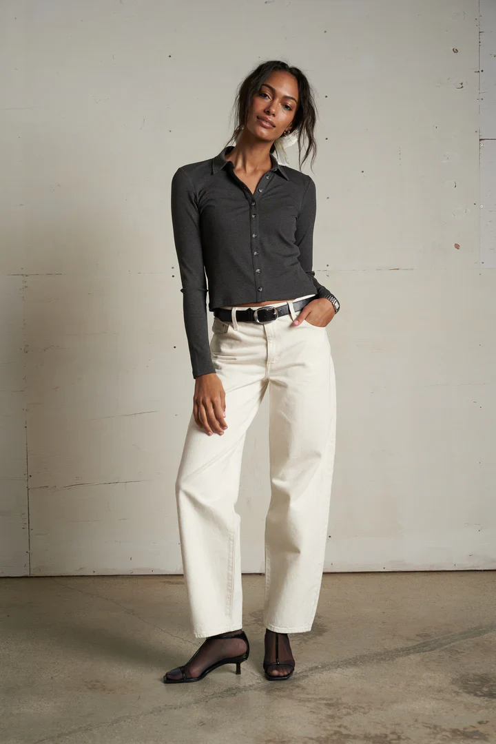 amee luxe rib button up polo charcoal | perfectwhitetee - Image 4