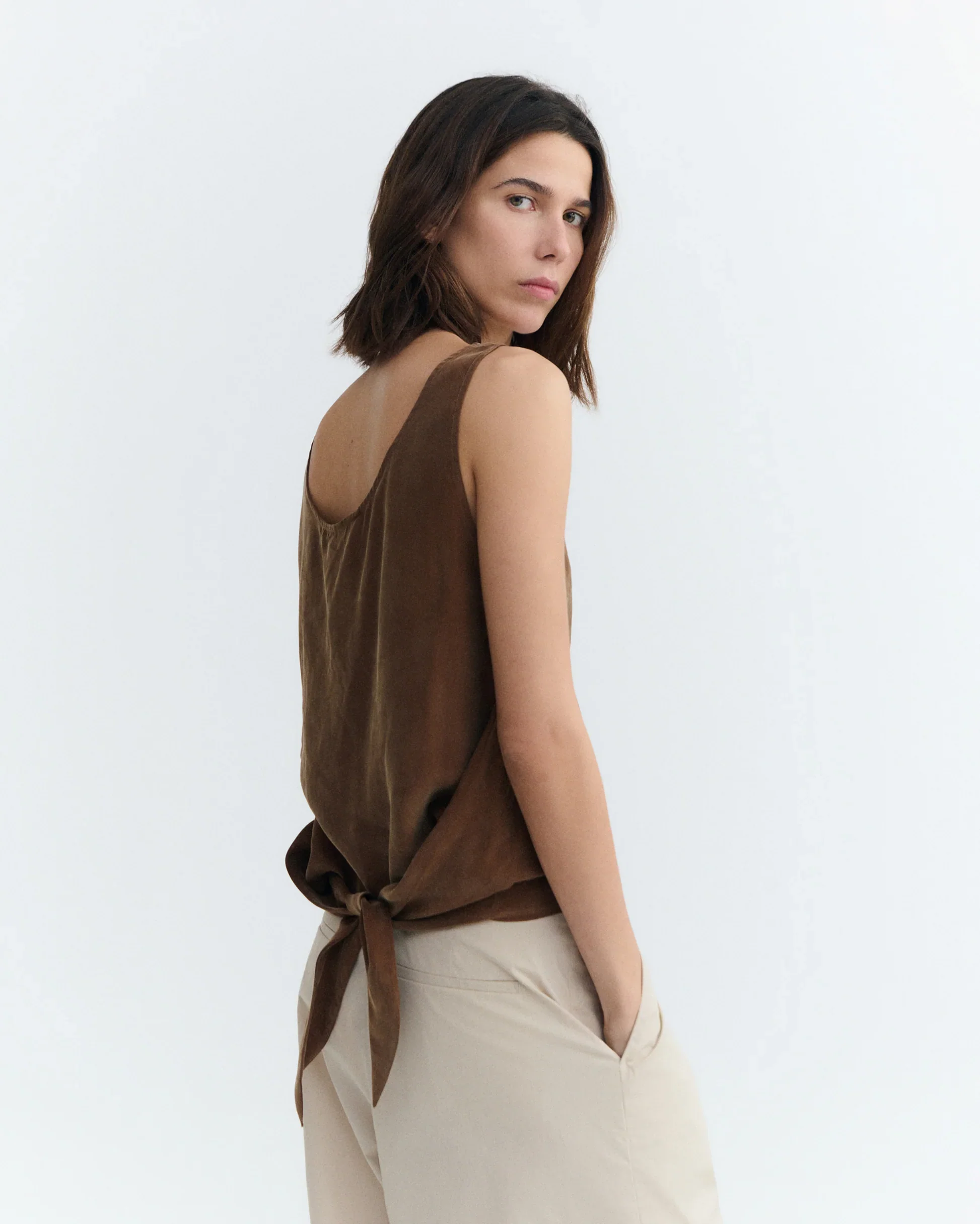 Cupro Top w/ Bow in Brown | Thinking Mu - Image 2