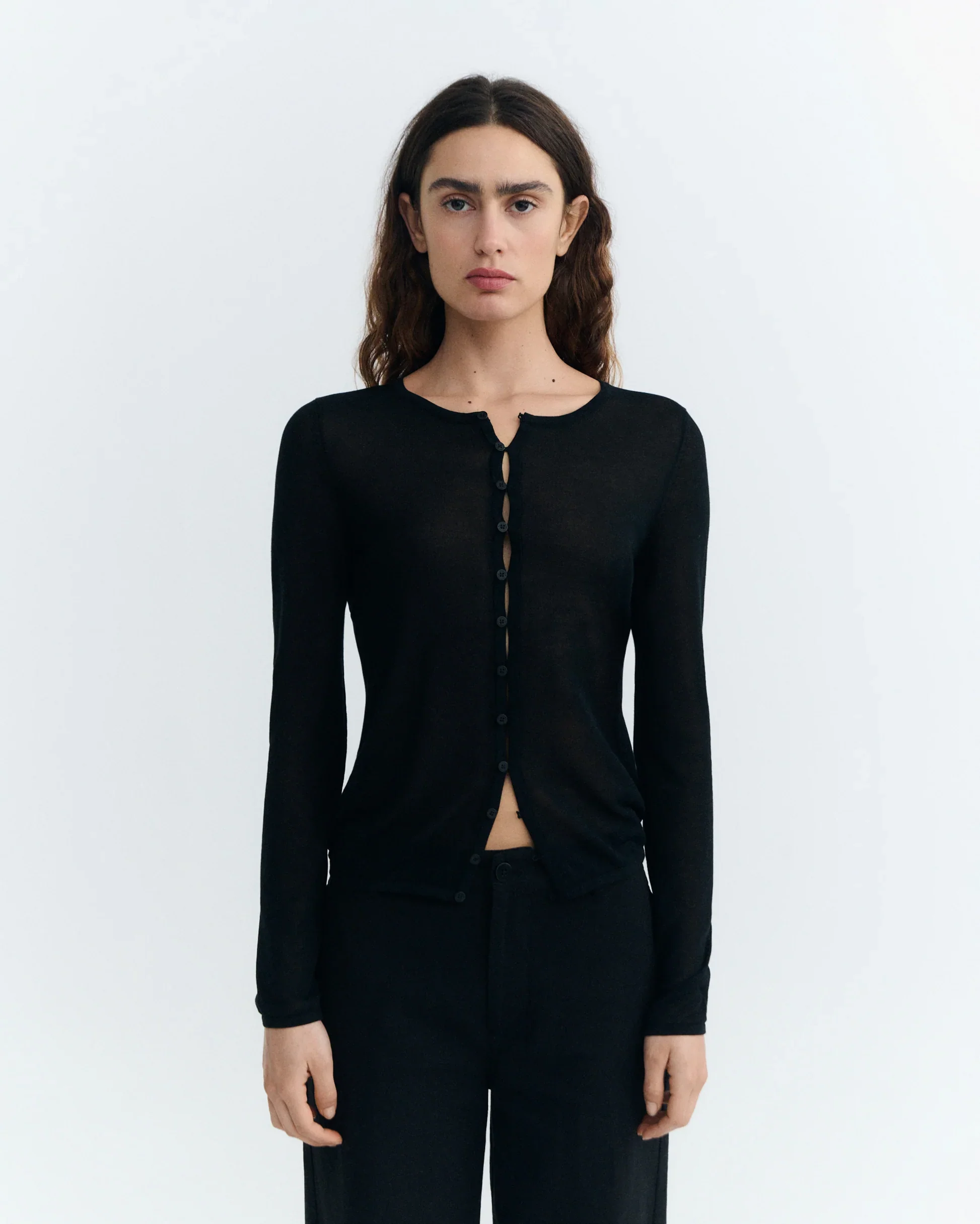 Sheer Knit Cardigan in Black | Thinking Mu