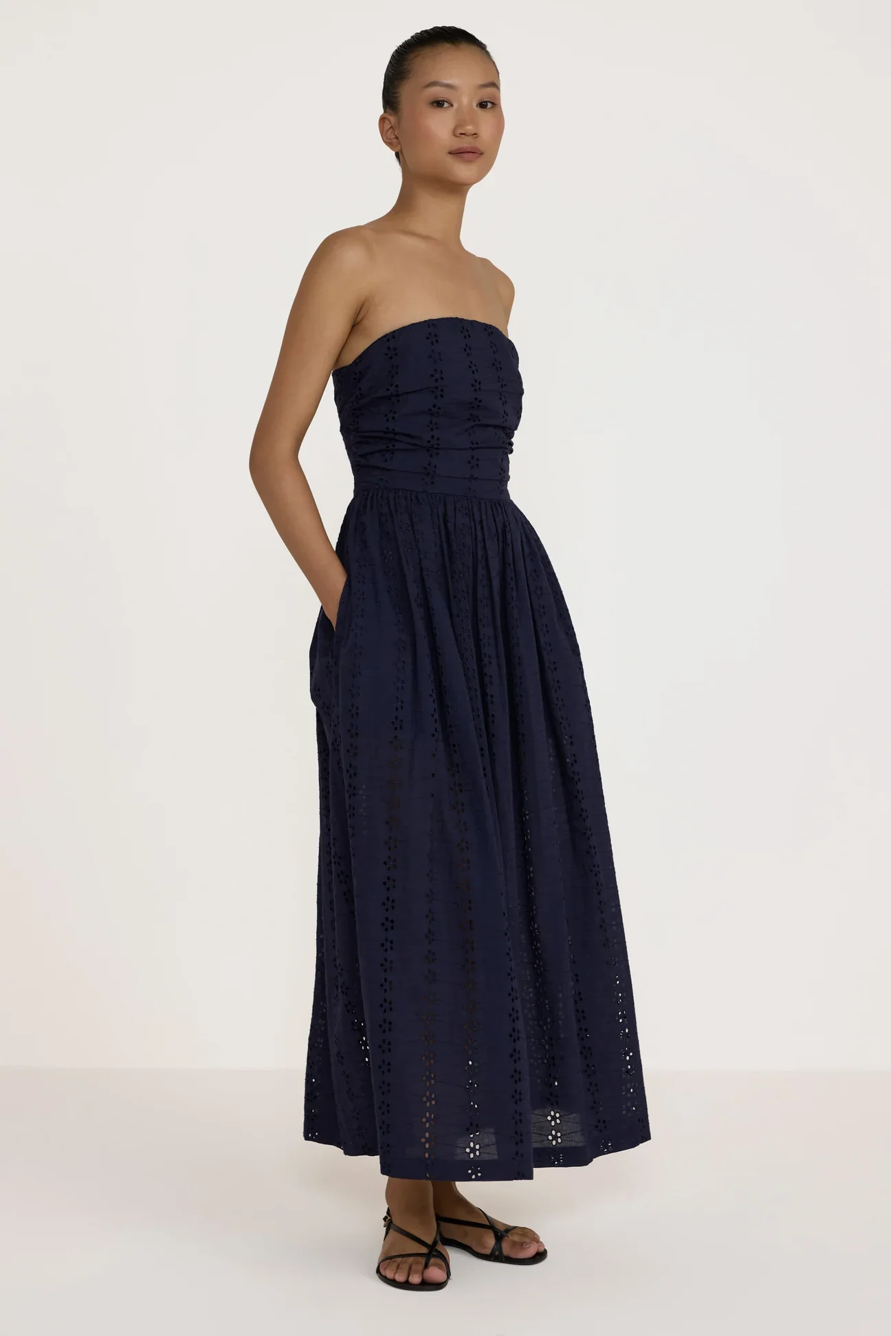 Strapless Tie Back Dress / Eyelet Navy | Laude The Label